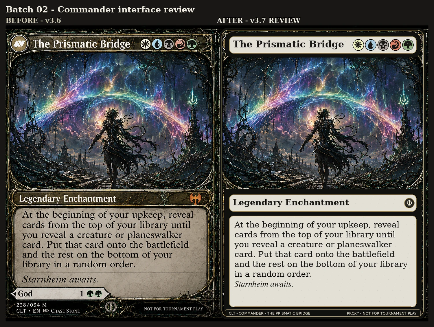 Before and after comparison of The Prismatic Bridge card interface