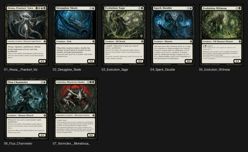 Contact sheet of Compleated Loyalty creature card masters