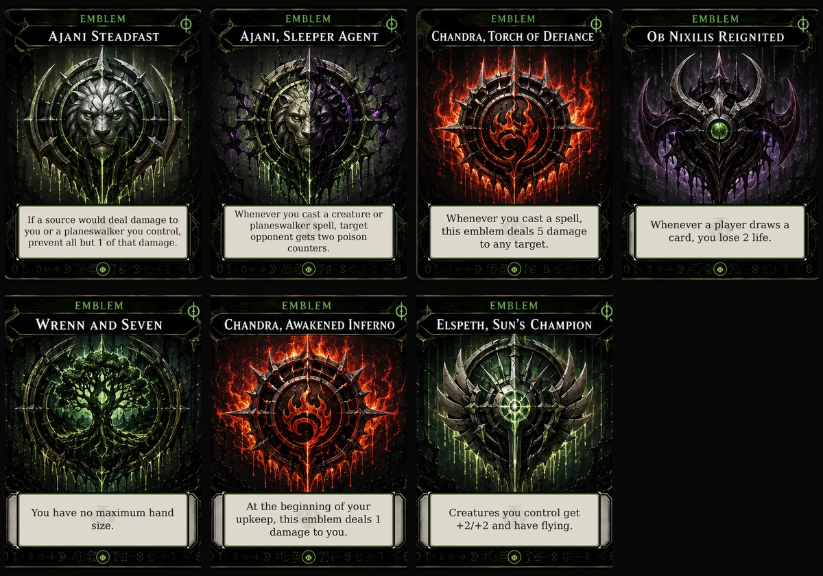 Contact sheet of custom Compleated Loyalty planeswalker emblems