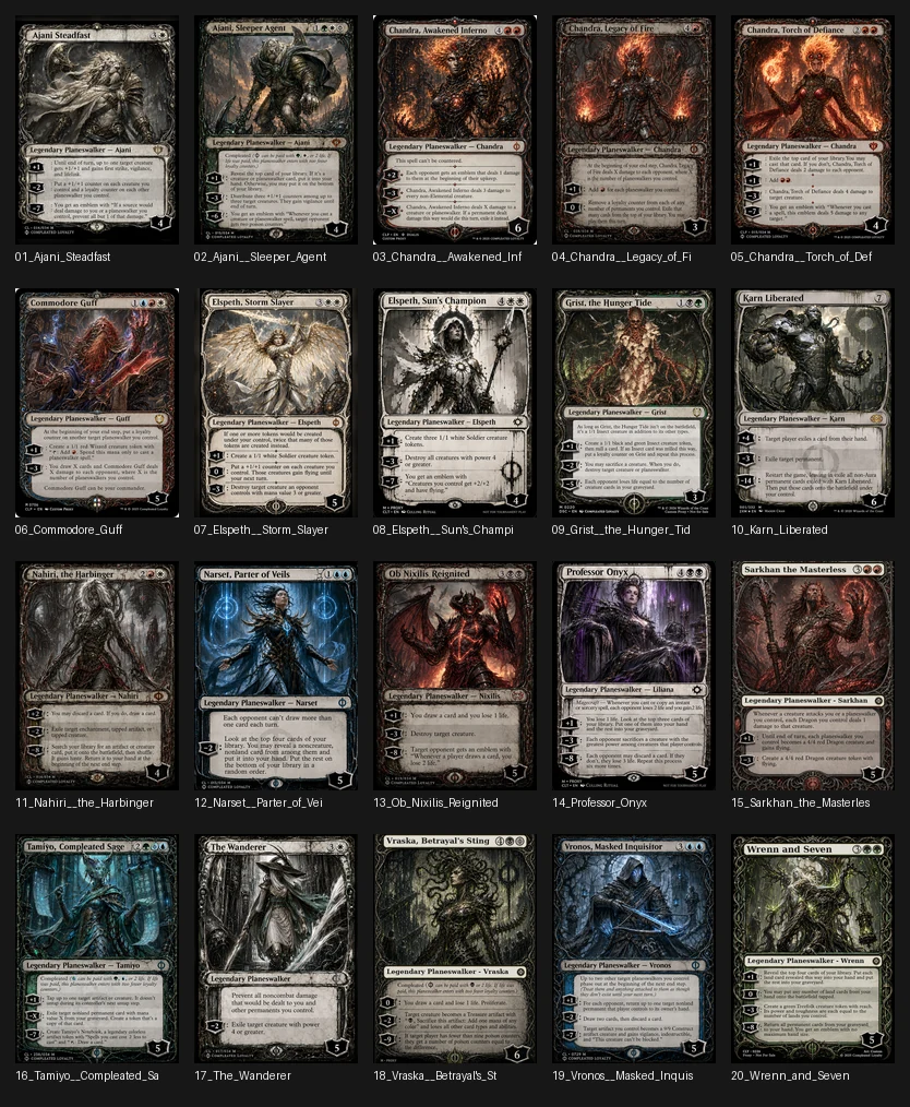 Contact sheet of Compleated Loyalty planeswalker card masters
