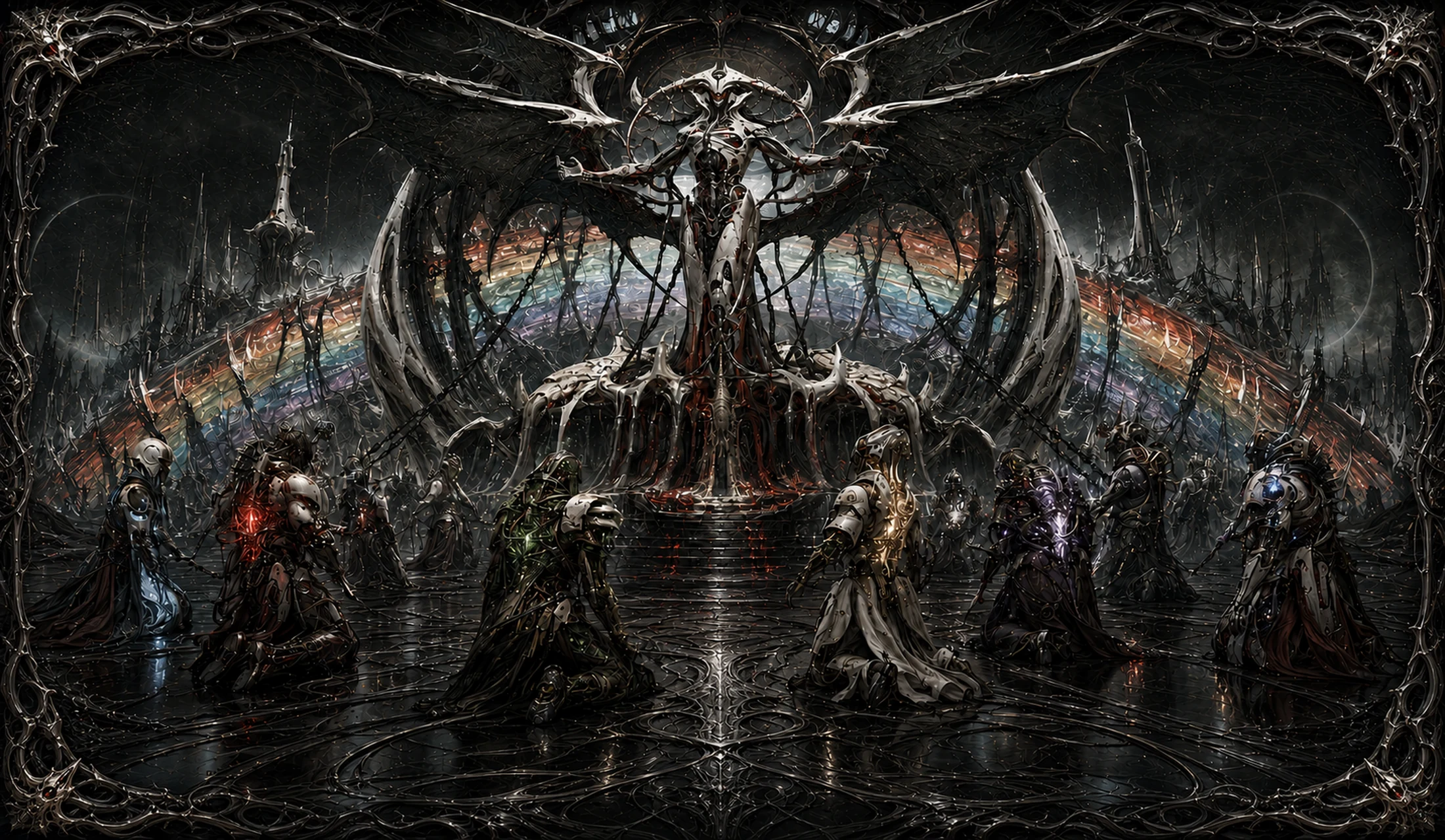 Compleated Loyalty playmat showing a biomechanical cathedral scene, the Prismatic Bridge and a central enthroned figure