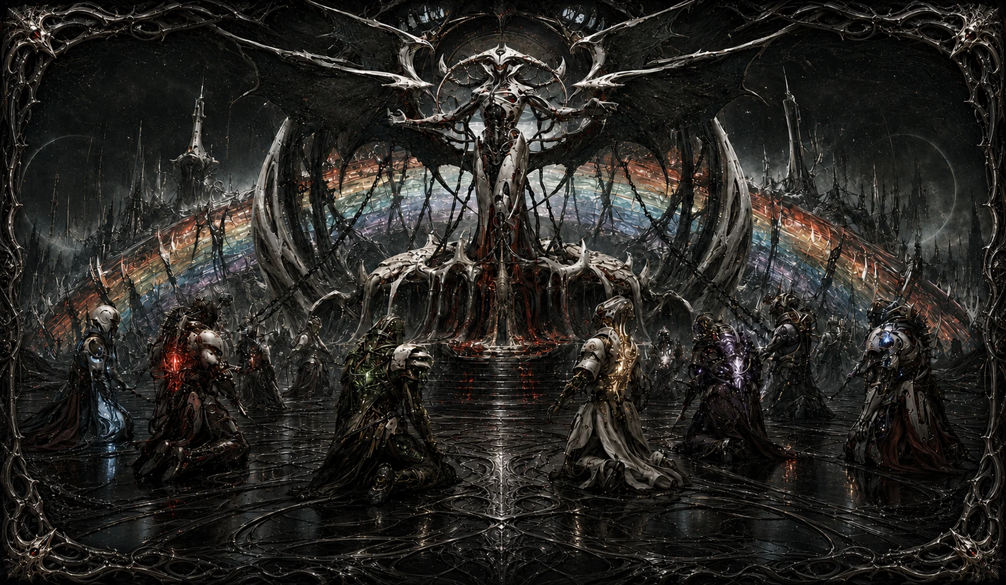 Compleated Loyalty playmat: Atraxa above the Prismatic Bridge in a dark cathedral